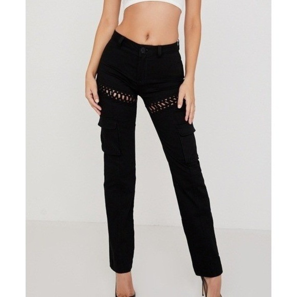 House of CB Pants Womens Medium Black Breanna Cargo Cut Out Straight Leg Trouser